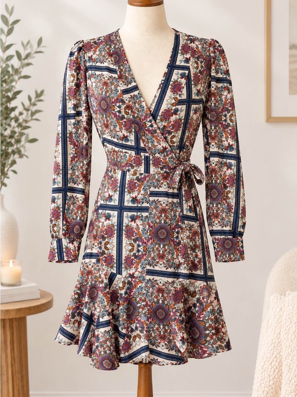 NWT J Flower JoFlower Boho Floral Tile Scarf Print Wrap Mini Dress Small